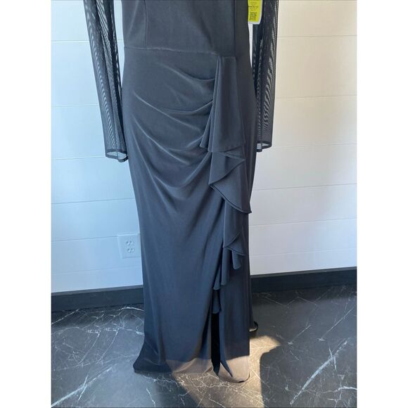 Betsy & Adam Women's Long Sheer Sleeve Mock NeckStretch Scuba Crepe Sheath Gown - Picture 5 of 14